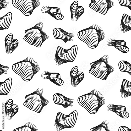 Abstract black spiral lines vector icons seamless pattern. Weird substance background.
