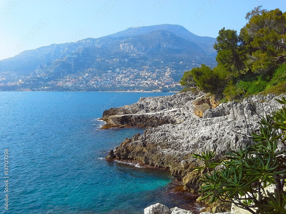 Beautiful view of the sea Monaco, Monte Carlo (border town with Italy near Menton), on French Riviera, Cote d'Azur, from Cap-Martin, France