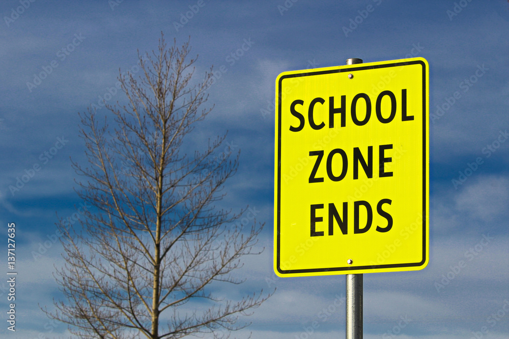 School Zone Ends Sign Against Sky Background With Tree