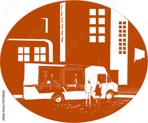 Food Truck City Buildings Oval Woodcut