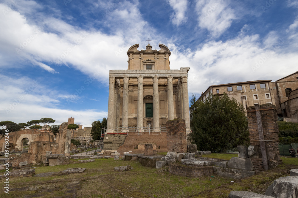 Antoninus and Faustina Temple in the Roman Forum, Rome, Italy.