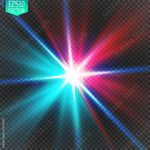 Collision of two forces with red and blue light. Vector illustration. Explosion concept.