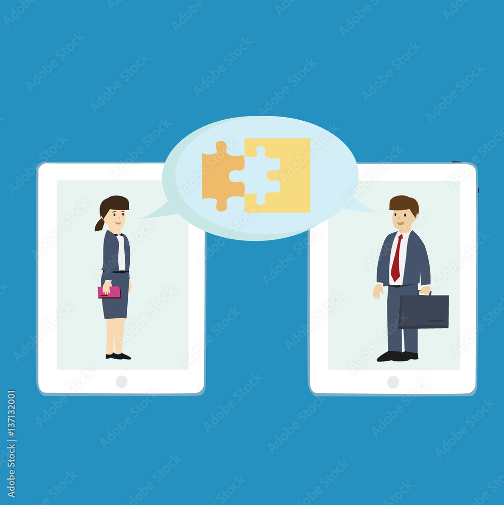 Business man and women giving a puzzle pieces. Solution Business concept. Business man and women giving a puzzle pieces. Solution Business concept.
