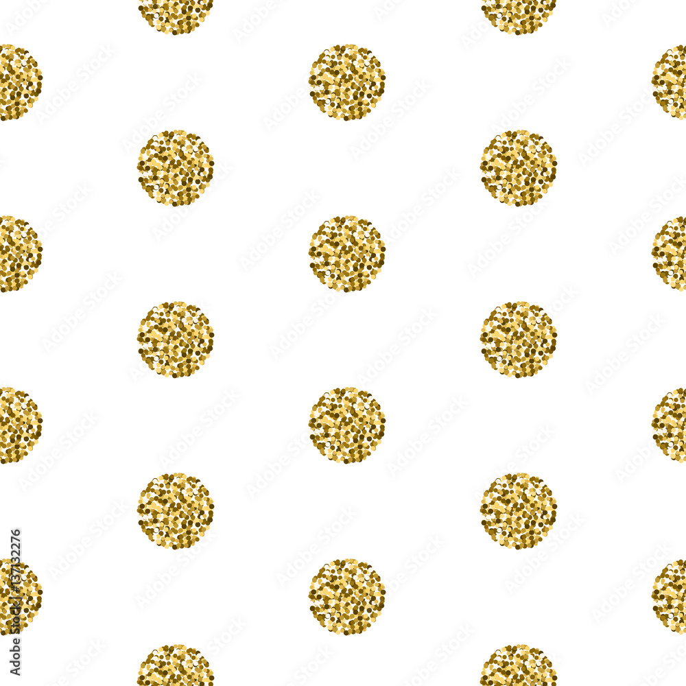 Gold foil shimmer glitter polkadot white seamless pattern. Vector shimmer abstract circles golden texture. Sparkle shiny balls background. Gold foil shimmer glitter polkadot white seamless pattern. Vector shimmer abstract circles golden texture. Sparkle shiny balls background.
