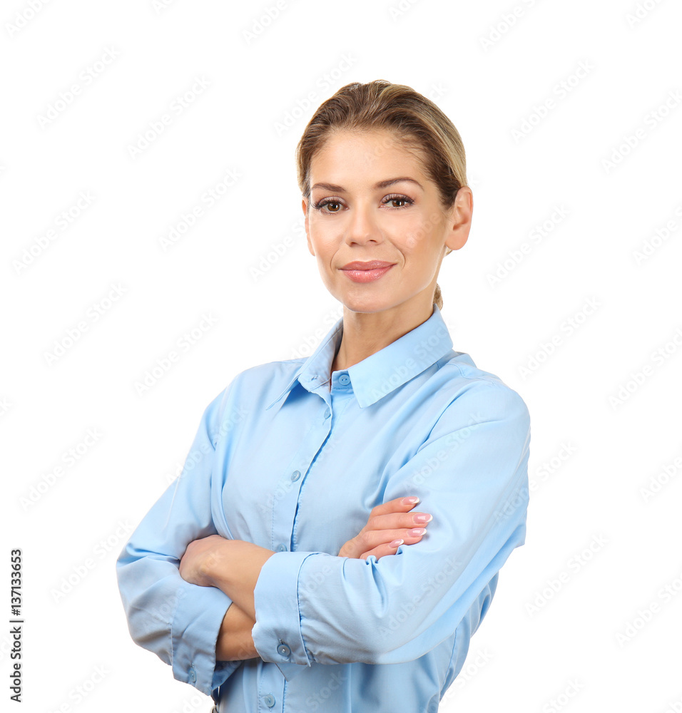 Beautiful confident woman on white background Beautiful confident woman on white background