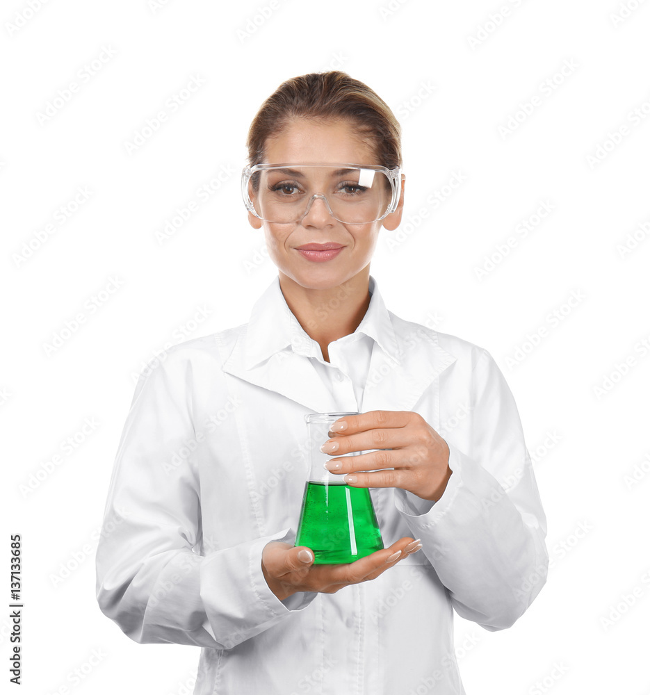 Female scientist with flask on white background Female scientist with flask on white background