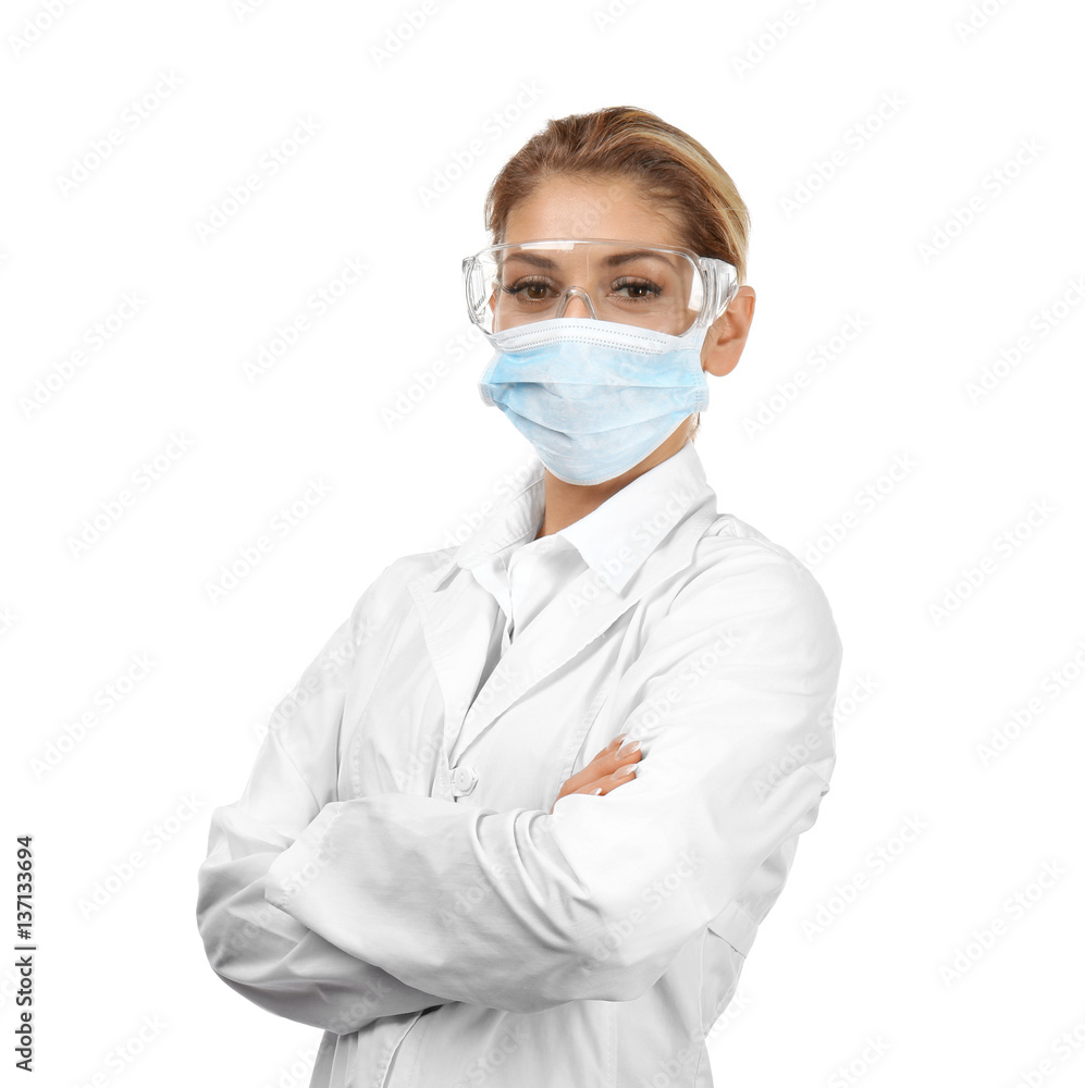 Female scientist wearing protective mask, on white background Female scientist wearing protective mask, on white background