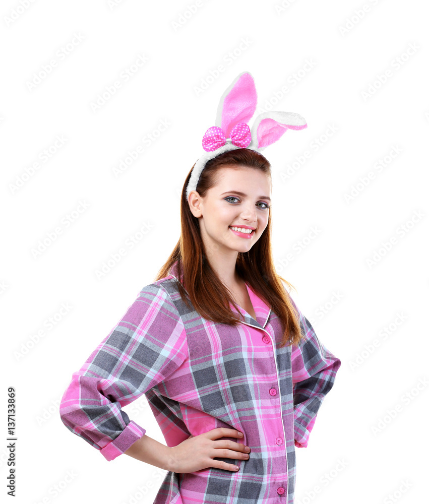 Beautiful girl with bunny ears on white background Beautiful girl with bunny ears on white background