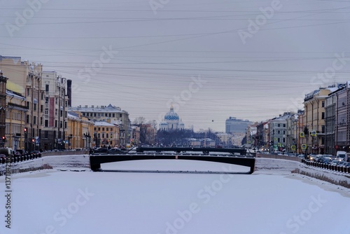 Fotografie A winter view of a bridge across Fontanka river in Saint Petersburg Russian Fede