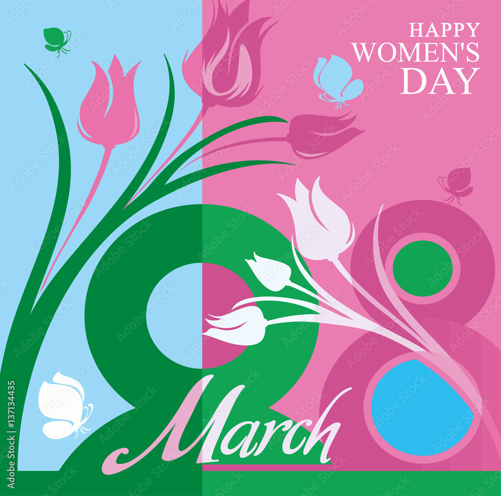 8 March. Beautiful vector card with flowers and butterflies for the spring holiday. 8 March. Beautiful vector card with flowers and butterflies for the spring holiday.