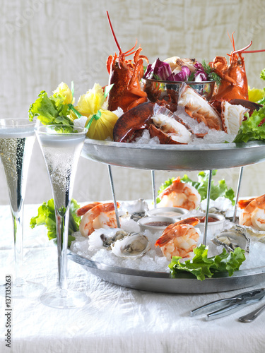 Seafood platter and glasses of champagne 