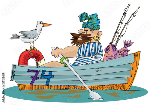 fisher in paddle boat - cartoon