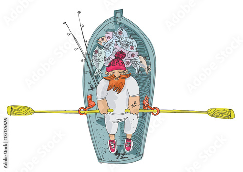 a bearded fisher is rowing in a little boat - cartoon