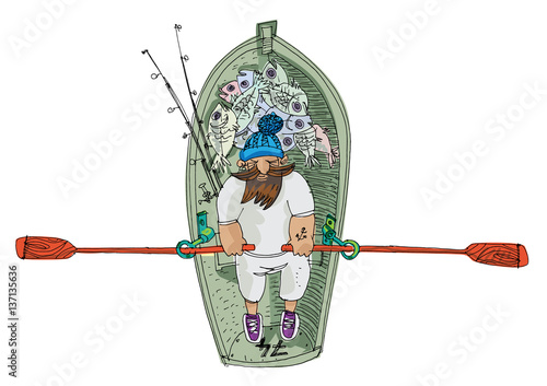 a bearded fisher is rowing in a little boat - cartoon