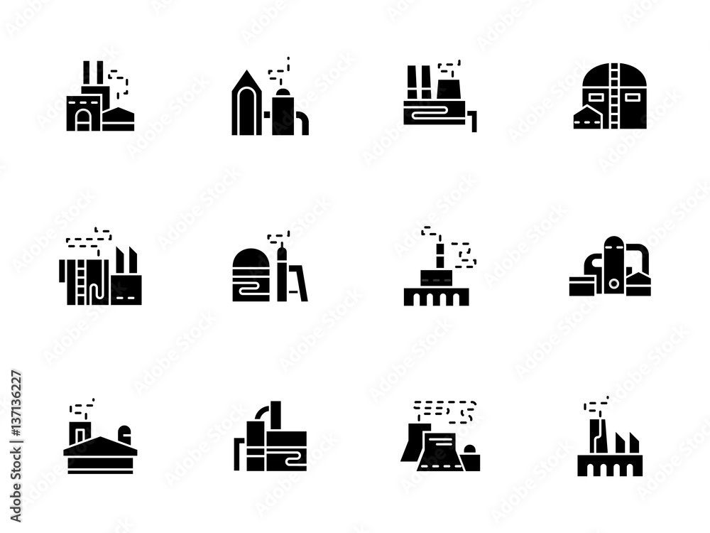 Factories and plants black glyph vector icons