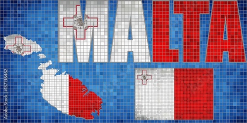Mosaic map and flag of Malta - Illustration, Grunge mosaic Maltese flag, Font with the Malta flag, Malta map in blue background