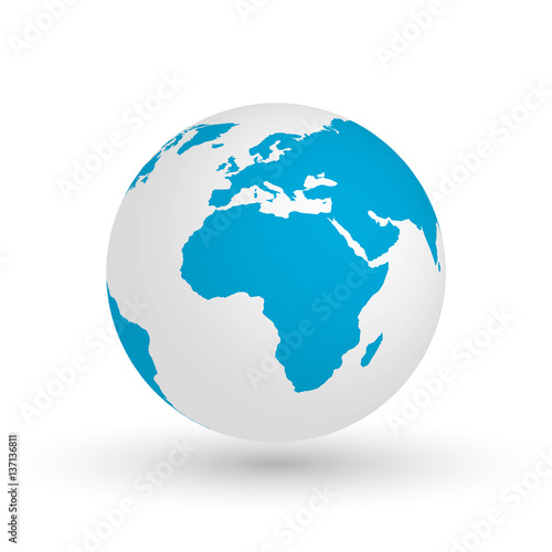 3D Earth globe. Vector EPS10 illustration of planet with blue continents silhouette. Focused on Africa.