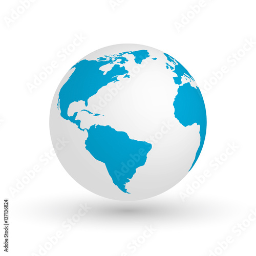 3D Earth globe. Vector EPS10 illustration of planet with blue continents silhouette. Focused on Americas.