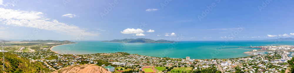 XXL Panorama of Townsville, Queensland, Australia, with Magnetic Island in the background, seen from Castle Hill viewpoint. Magnetic Island is a popular tourist destination. Harbour and beaches.