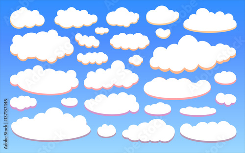 Fototapeta Naklejka Na Ścianę i Meble -  Colour clouds isolated on blue sky background set. Collection of cloud icon, shape, label, symbol for your design. Graphic design element for logo, web and print. Vector illustration