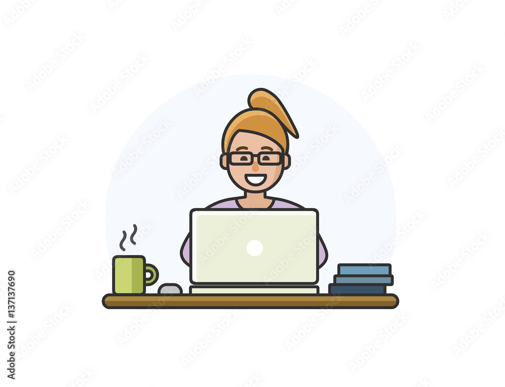 Vector illustration of cartoon woman character working on computer Vector illustration of cartoon woman character working on computer