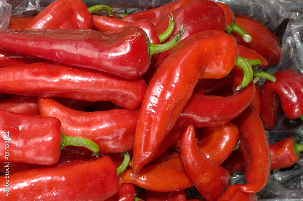 A bunch of red pepper on the table in the market, Novi Sad, Serbia
