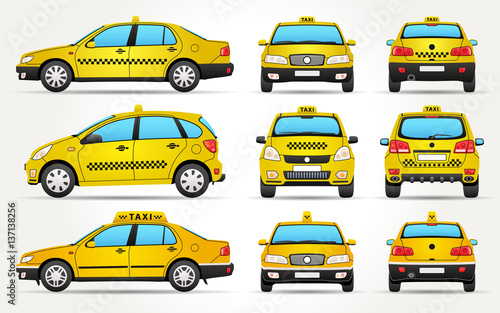 Yellow Taxi Car, Sedan and SUV type, From 3 views - Side, Front and Back view, Isolated on White Background