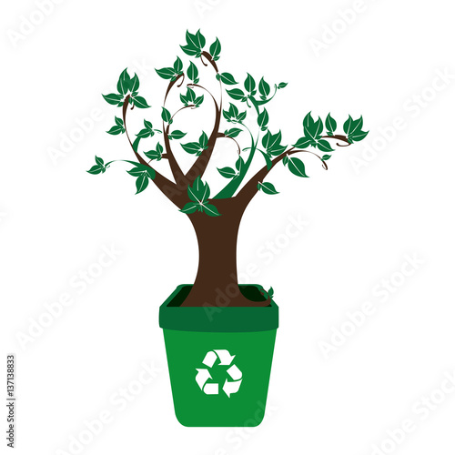 colorful recycling container with leafy tree plant vector illustration