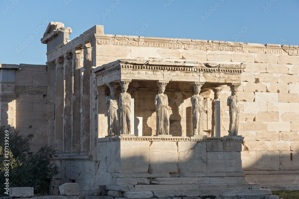 Obraz premium The Porch of the Caryatids in The Erechtheion an ancient Greek temple on the north side of the Acropolis of Athens, Attica, Greece