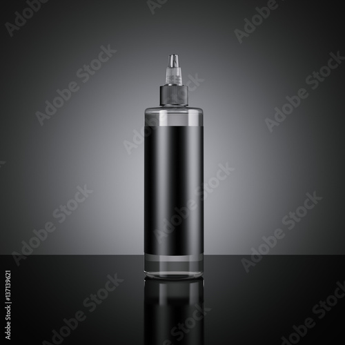 Black plastic bottle with label. 3d rendering