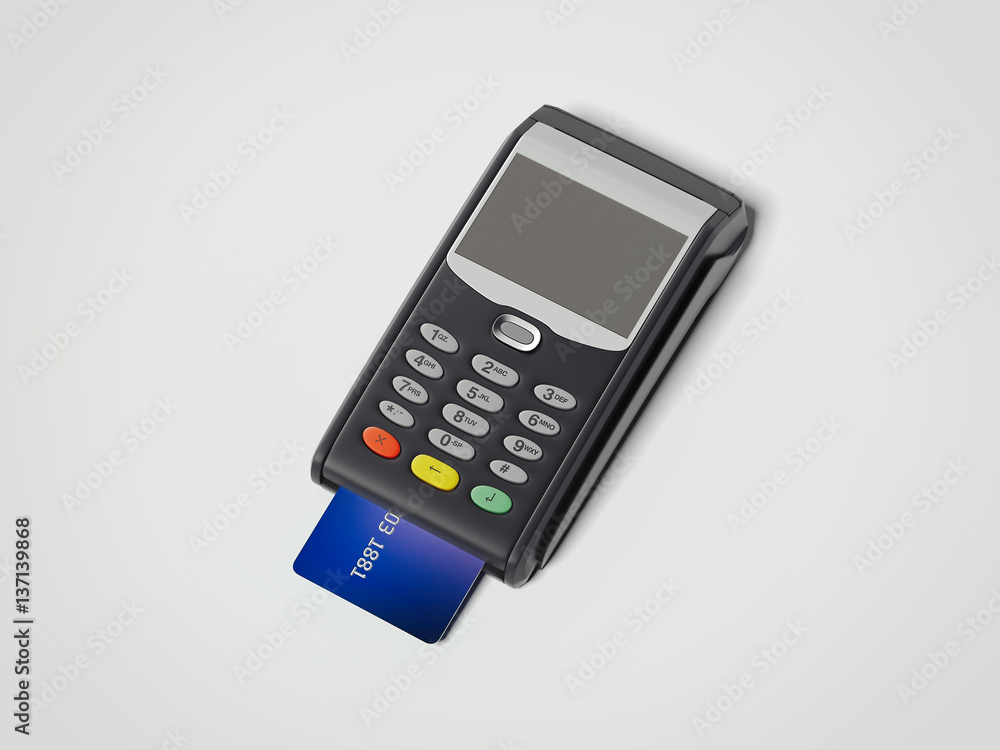 POS portable credit card machine with credit card. 3d rendering POS portable credit card machine with credit card. 3d rendering
