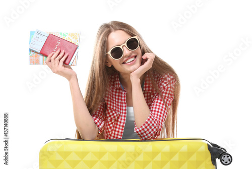 Woman traveler with passpor...