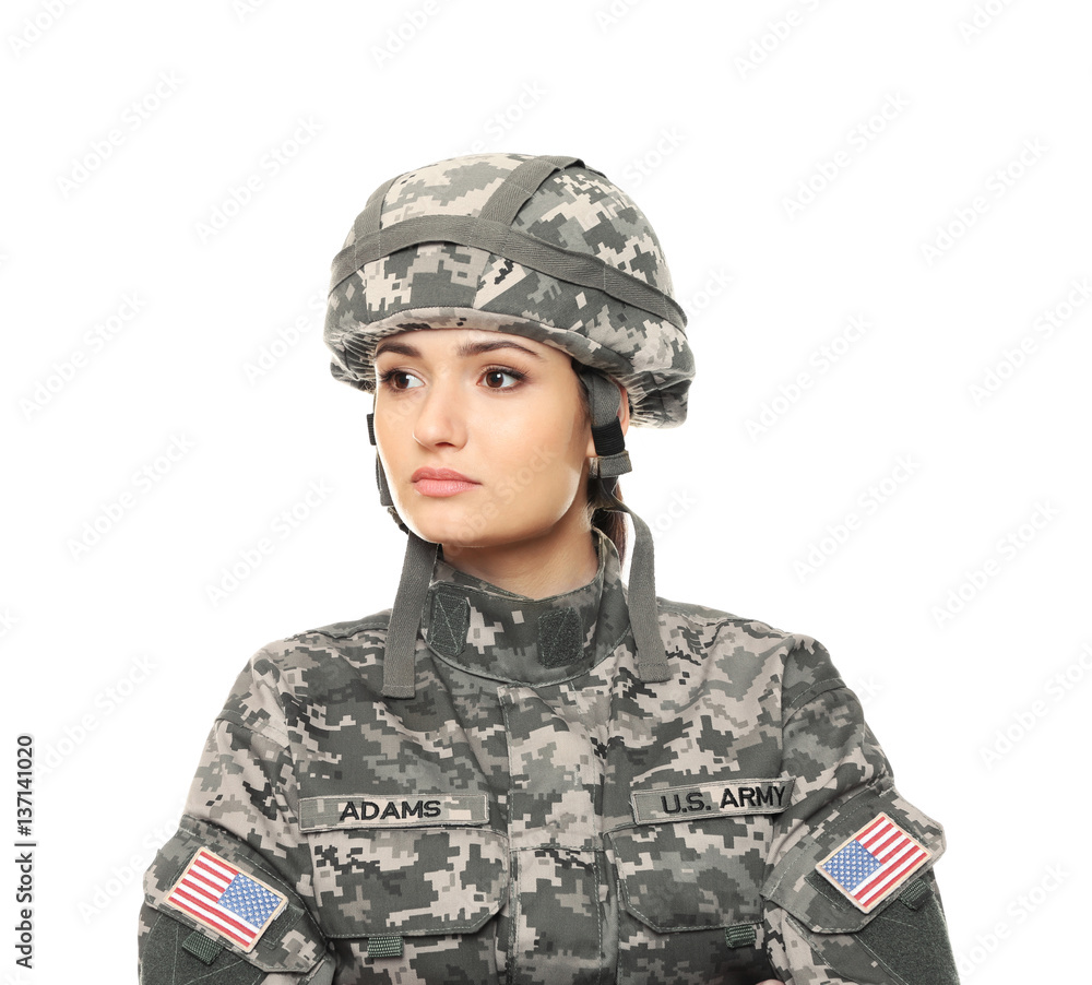 Pretty female soldier on white background Pretty female soldier on white background