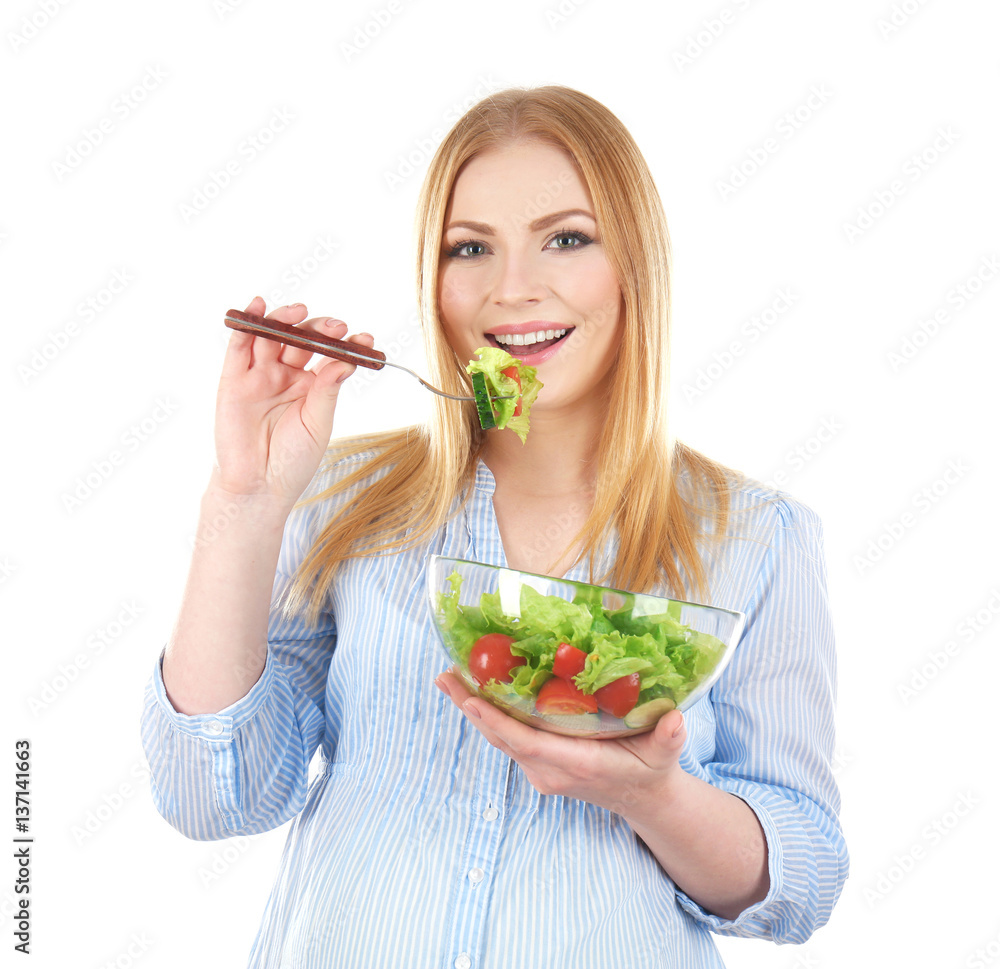 Pregnant young woman with food on white background Pregnant young woman with food on white background