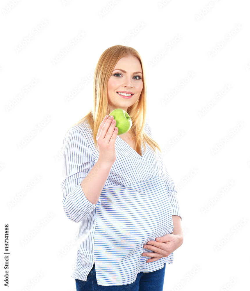 Pregnant young woman with food on white background Pregnant young woman with food on white background