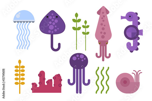 Sea animals marine life character vector illustration.