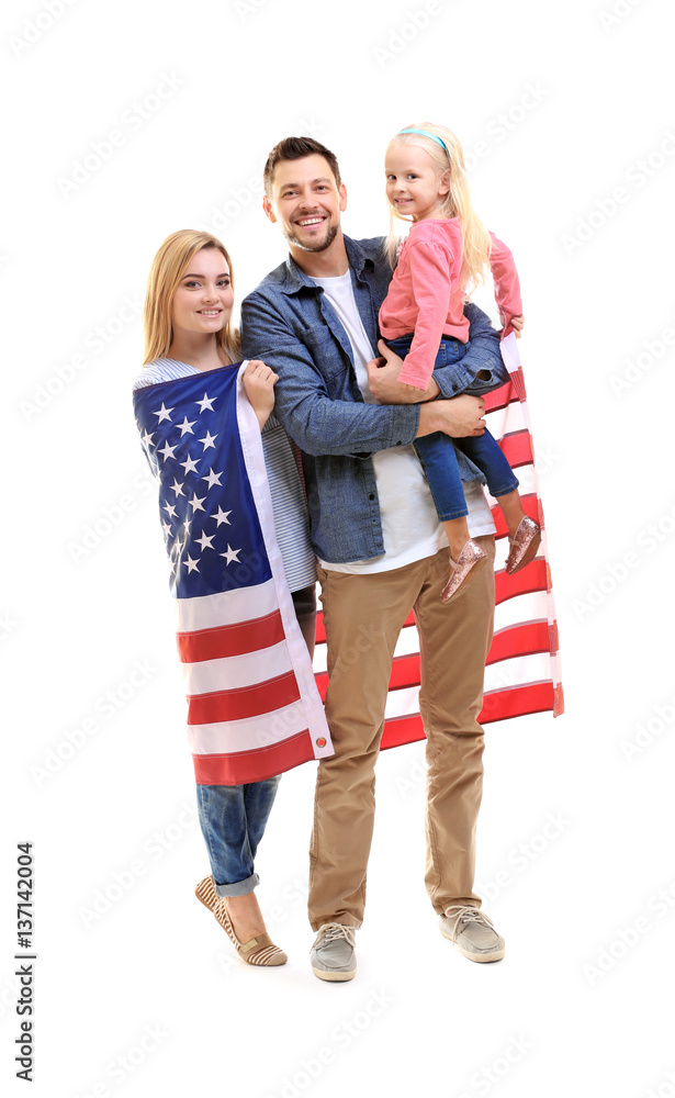 Happy family with American flag on white background Happy family with American flag on white background