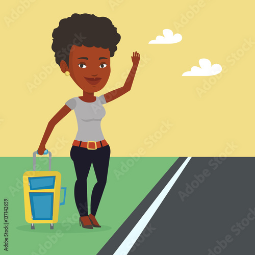 Young woman hitchhiking vector illustration.