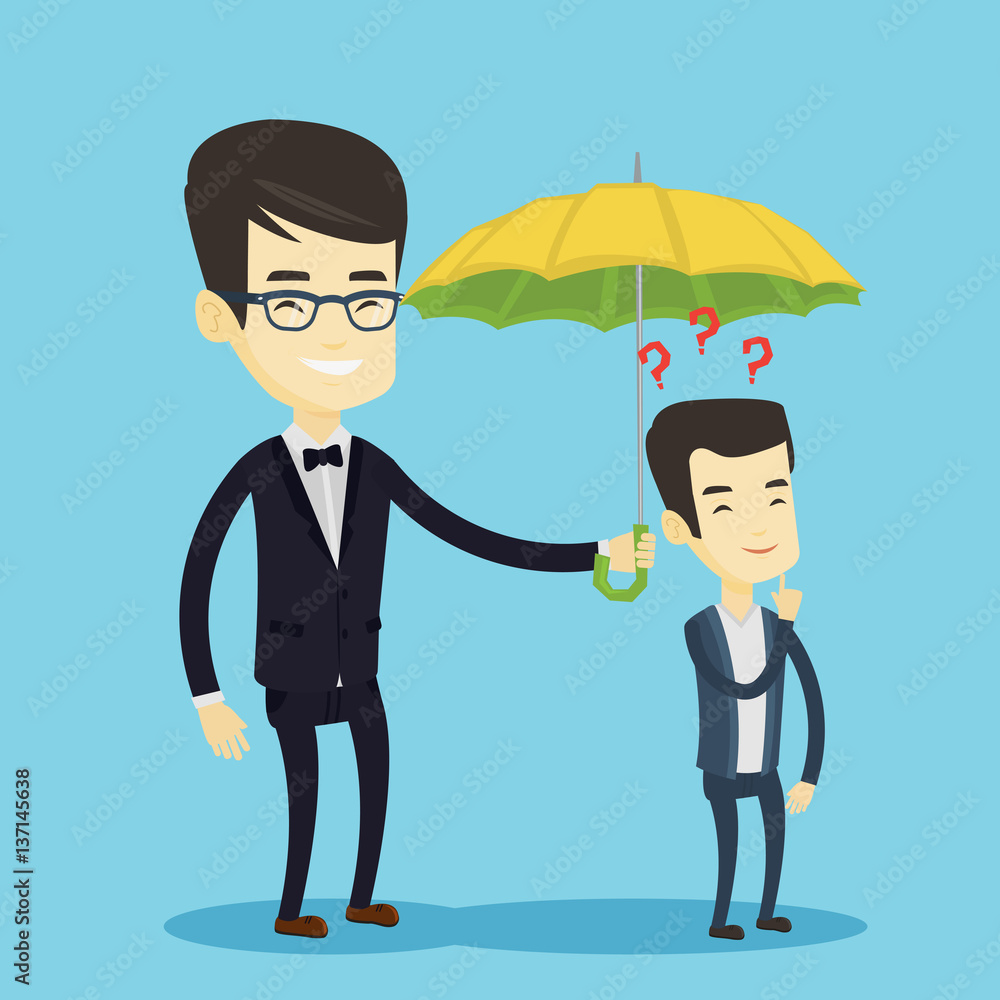 Businessman holding umbrella over man. Businessman holding umbrella over man.