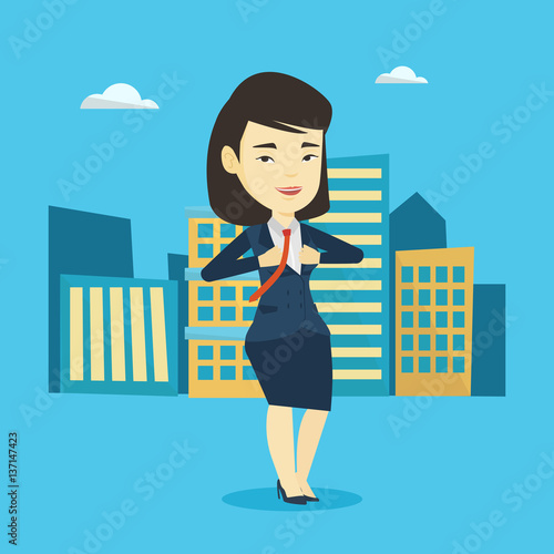 Business woman opening her jacket like superhero.