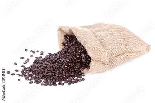 Coffee beans in burlap sack isolated on white