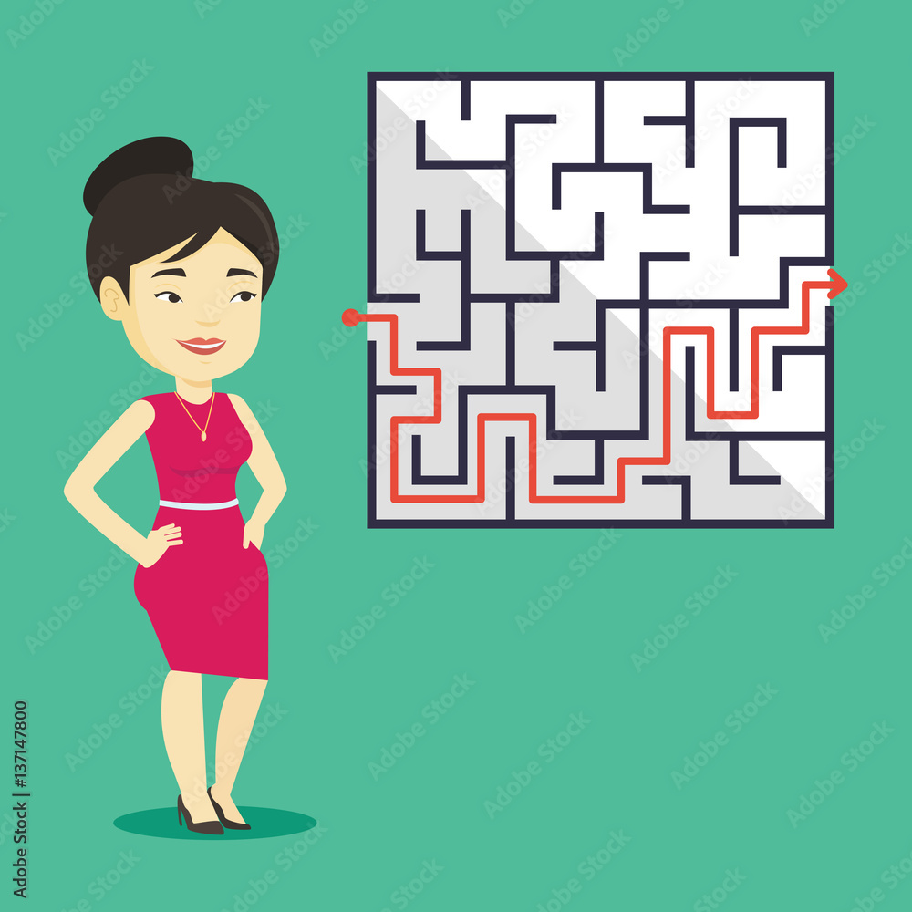 Business woman looking at labyrinth with solution.