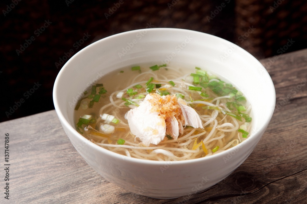 Delicious chicken rice noodles made with fresh chicken and vegetables Delicious chicken rice noodles made with fresh chicken and vegetables