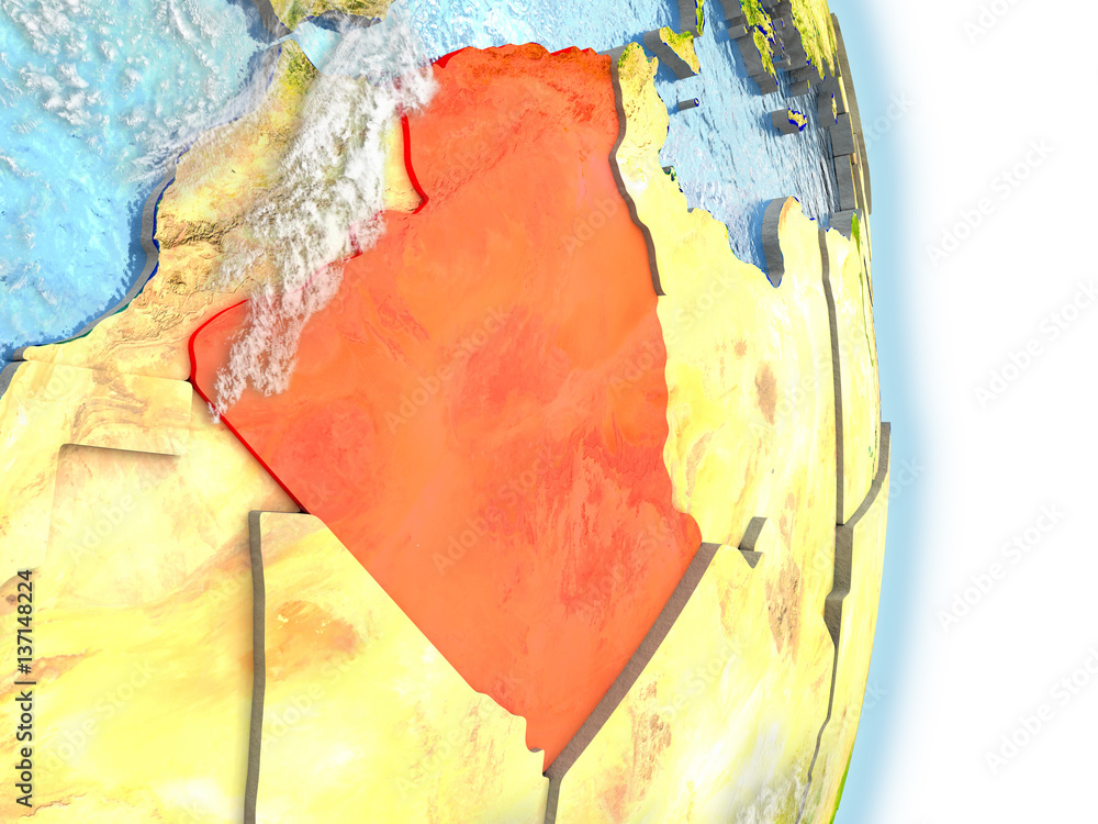 Naklejka premium Algeria in red on Earth
