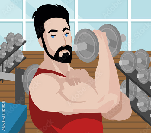 muscle man lifting dumbbells in the gym sports center