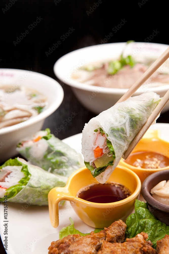 Fresh vegetables, various rolls of meat and crispy fried Fresh vegetables, various rolls of meat and crispy fried