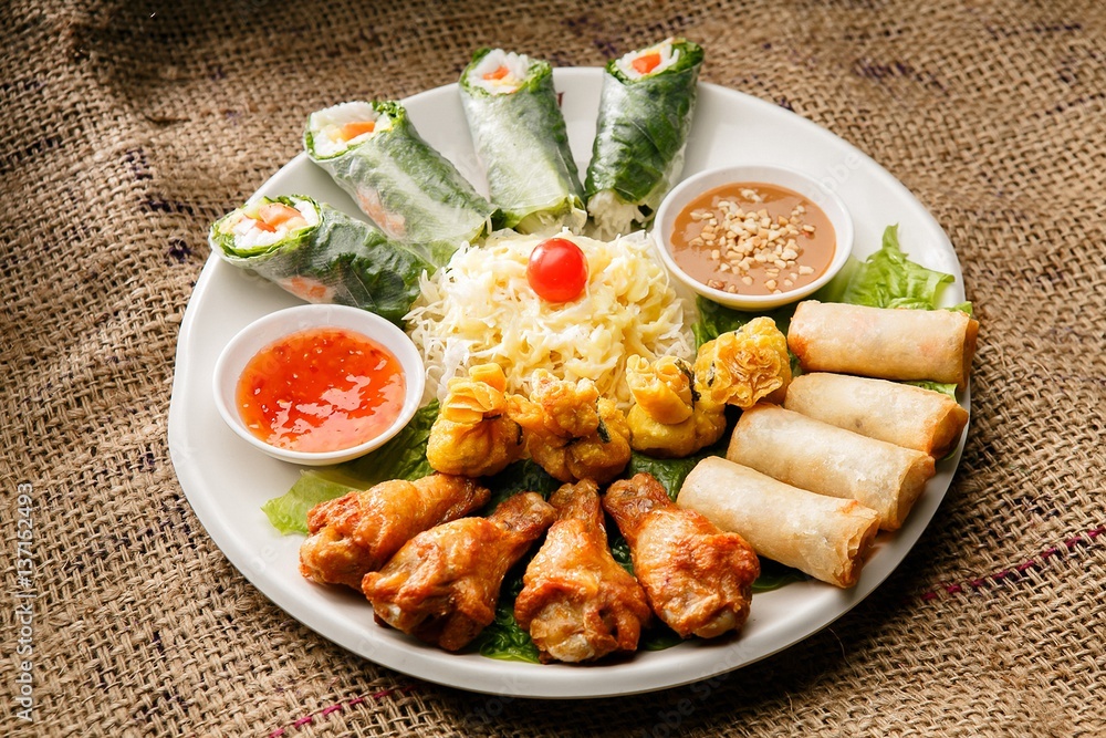 Fresh vegetables, various rolls of meat and crispy fried Fresh vegetables, various rolls of meat and crispy fried
