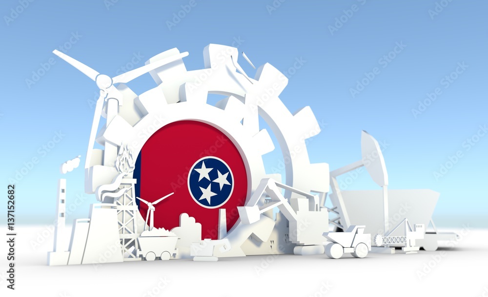 Energy and Power icons set with Tennessee flag. Sustainable energy generation and heavy industry. 3D rendering.
