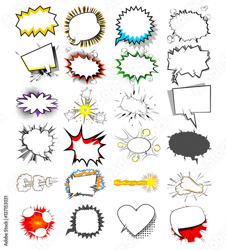 Cartoon set explosion effects and speech bubbles, pop art vector style. Comics book background templates.
