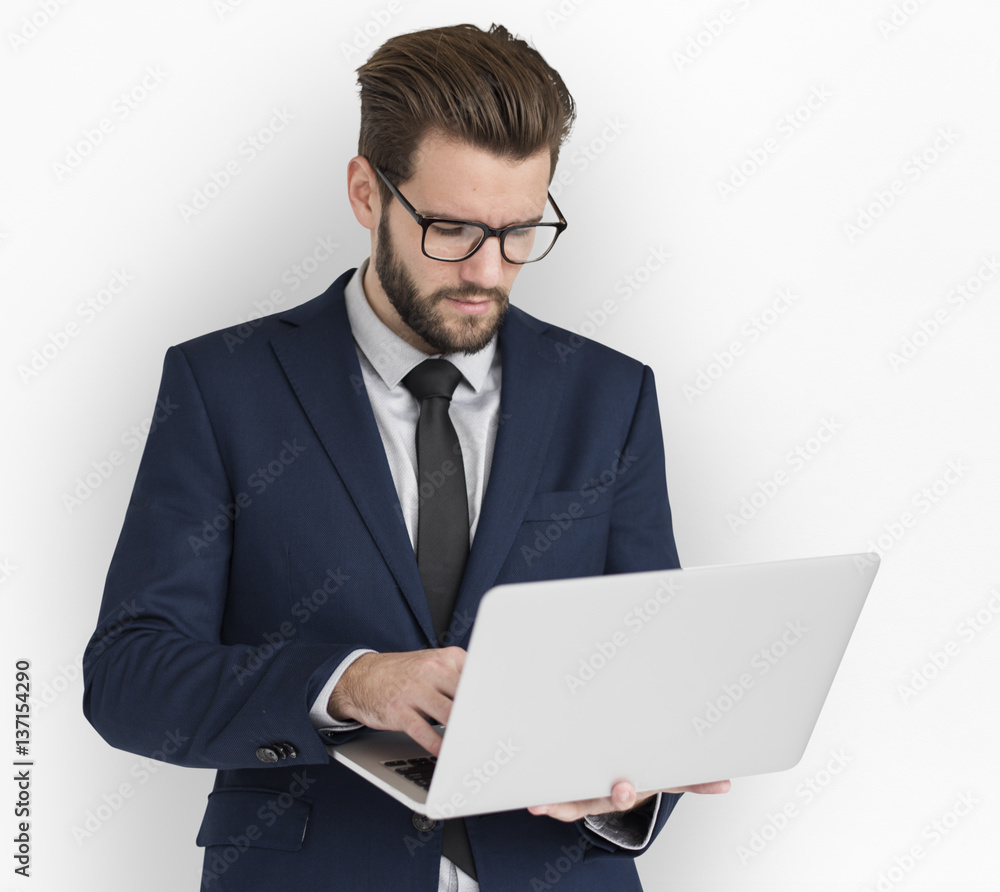 Caucasian Business Man Working Laptop Caucasian Business Man Working Laptop